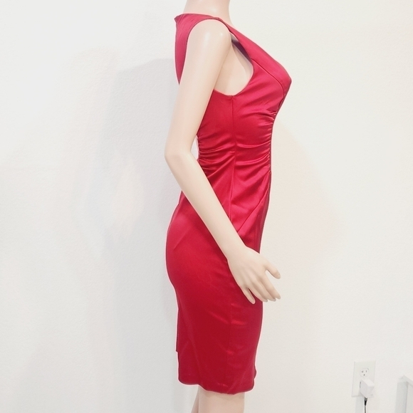 CACHE Sexy Hot Red Bodycon Ruched Satin Vintage Dress Size 6 - Picture 10 of 11